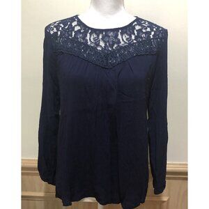 Wall Flowers ~ Long Sleeve Top Lace Neck ~ Size Medium ~ Blue
